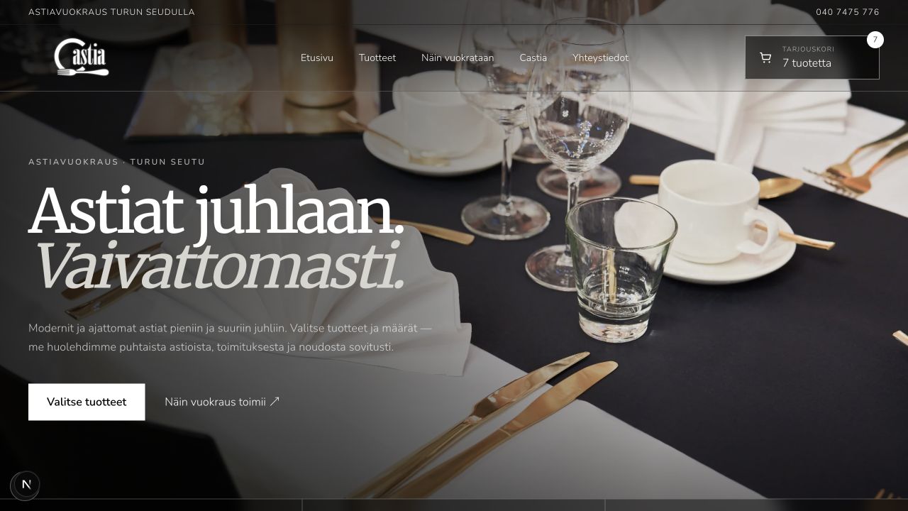 Castian astiavuokraussivuston näkymä: Astiat juhlaan. Vaivattomasti.