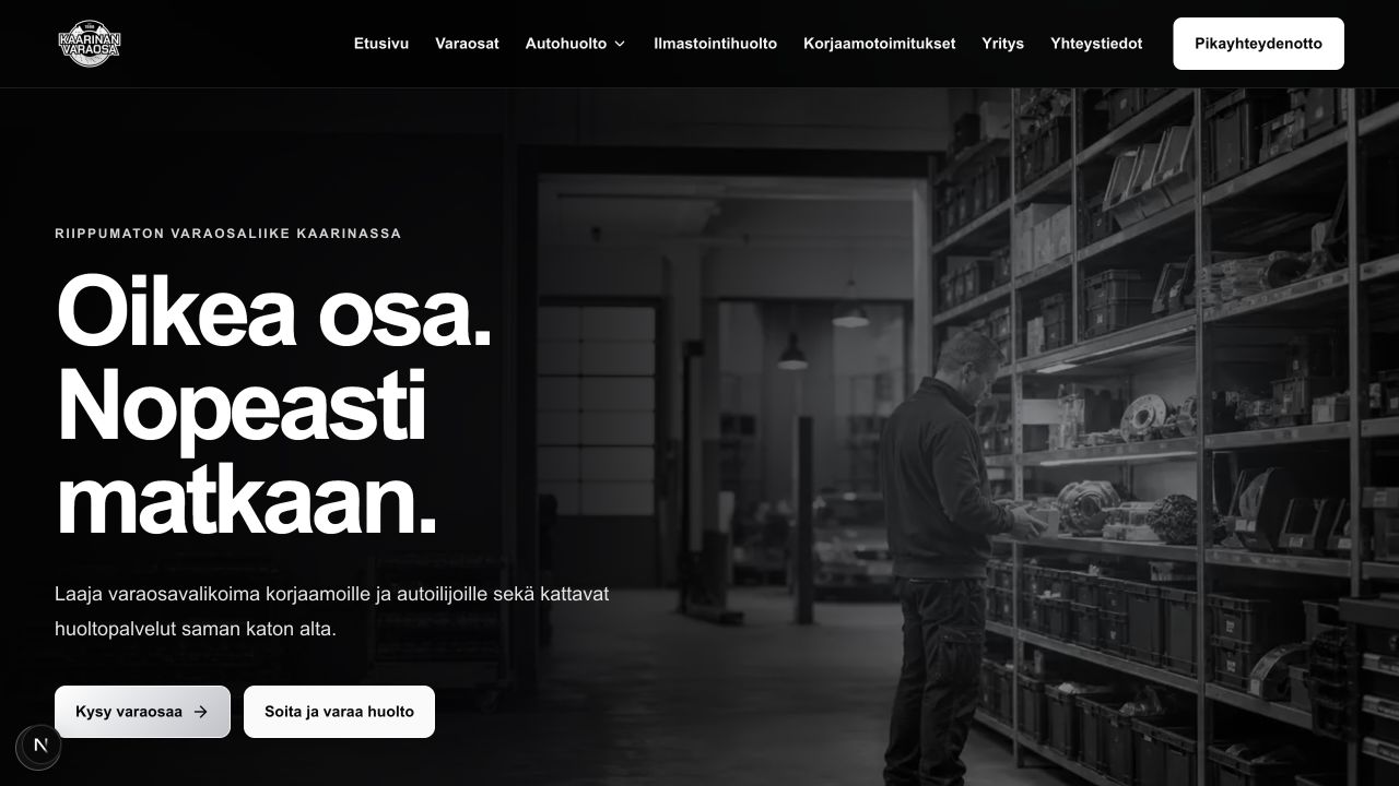 Kaarinan Varaosan sivuston näkymä: Oikea osa. Nopeasti matkaan.