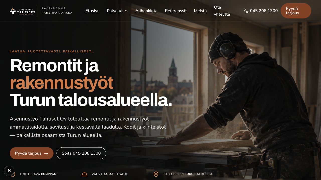 Asennustyö Tähtisten remontti- ja rakennuspalvelujen sivuston aloitusnäkymä